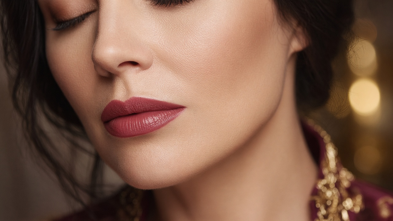 Close-up of lips and jawline with tasteful filler aesthetic and gold embroidery detail